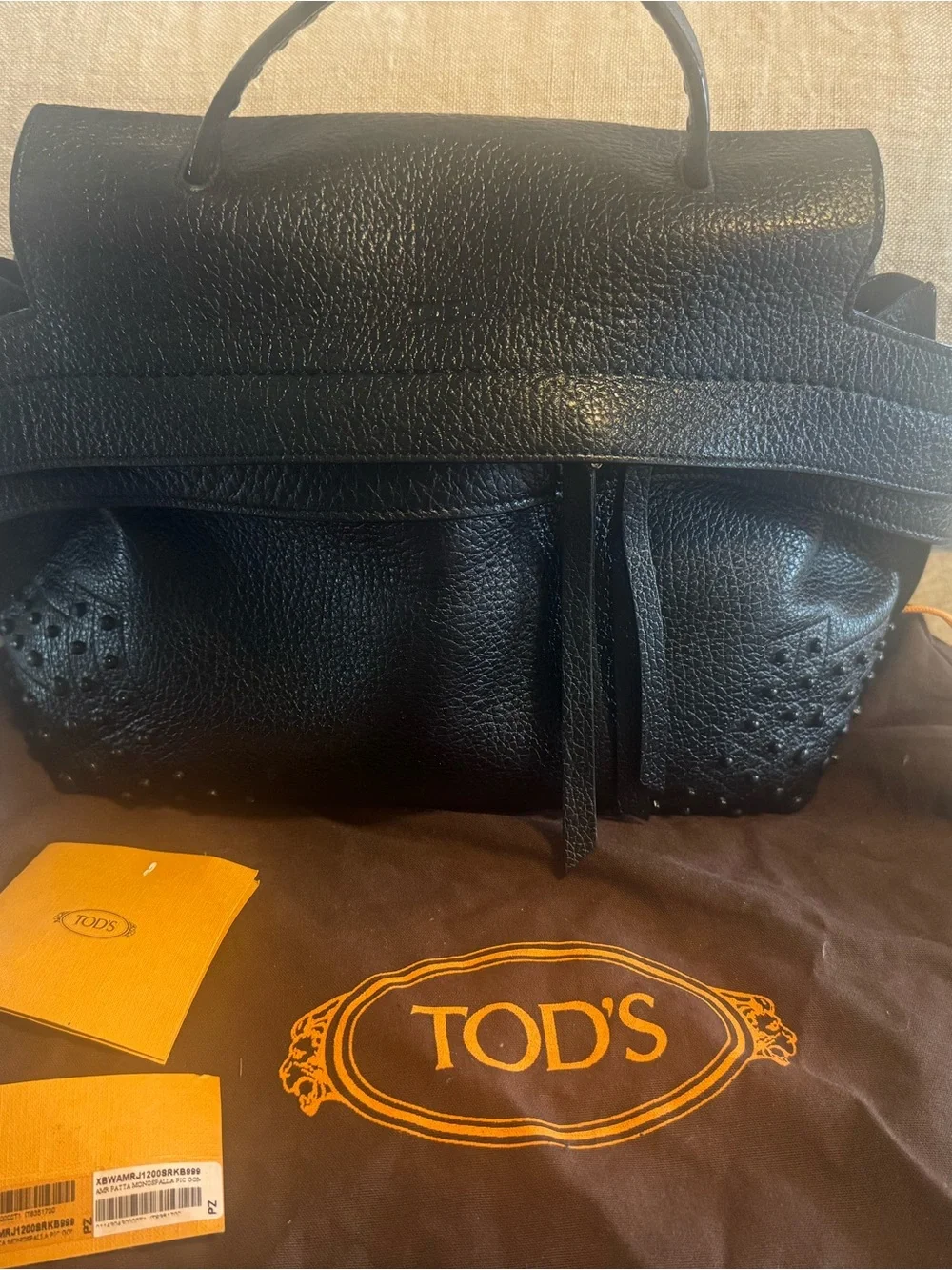 Tod's Black Pebbled Leather Top-Handle Satchel with strap